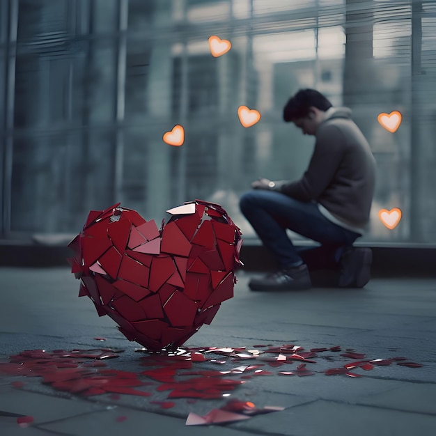 Photo un homme solitaire devant lui a cassé un cœur rouge cœur comme un symbole d'affection et d'amour