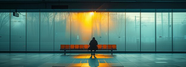 Un homme solitaire est assis seul sur un banc à l'aéroport ou à la gare.