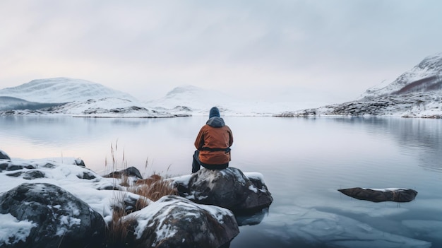 Un homme solitaire qui pêche à la perche en hiver est un passe-temps.