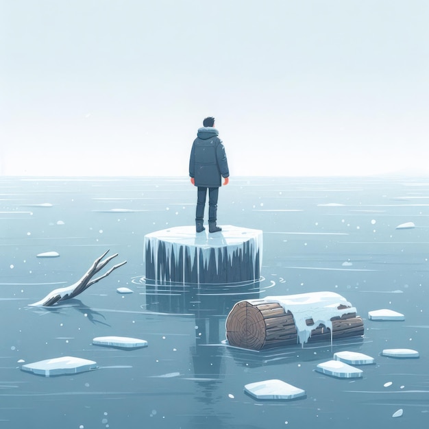 Photo un homme solitaire se tient sur un morceau gelé entouré d'eau froide
