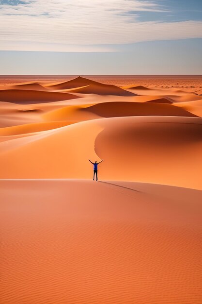 un homme solitaire se tient parmi le sable et étend ses bras vers le soleil illustration générée par Ai