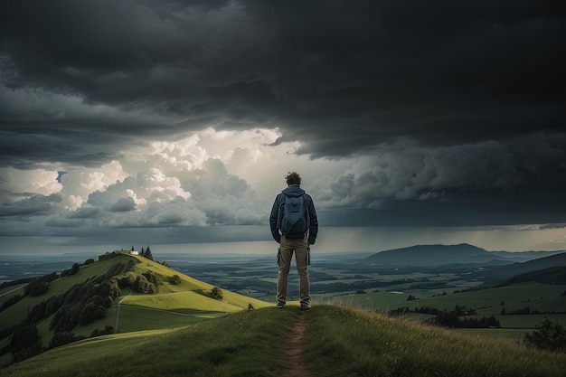 L'homme de la solitude au sommet d'une colline sous un ciel orageux