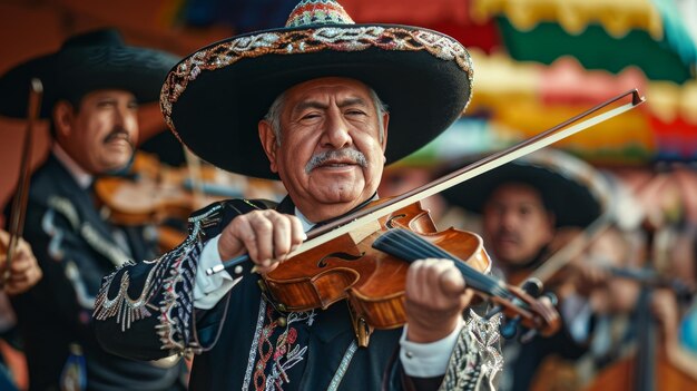 Un homme en sombrero jouant du violon à l'extérieur Chico De Mayo