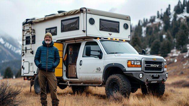 Un homme avec son camion de camping se tient devant lui.