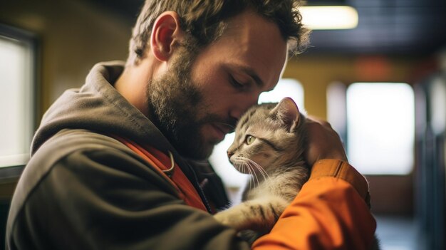 Photo un homme et son chat font du bénévolat dans un contexte local