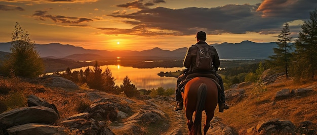 Photo un homme et son cheval au crépuscule un homme avec une heure