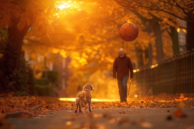 Un homme et son chien jouent avec une balle dans un parc.