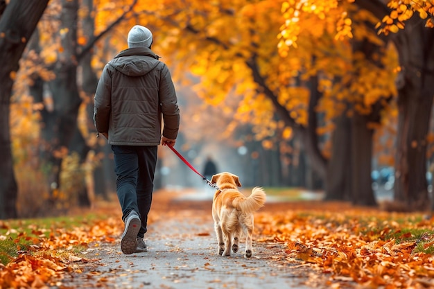 Un homme et son chien marchent sur un sentier à l'automne.