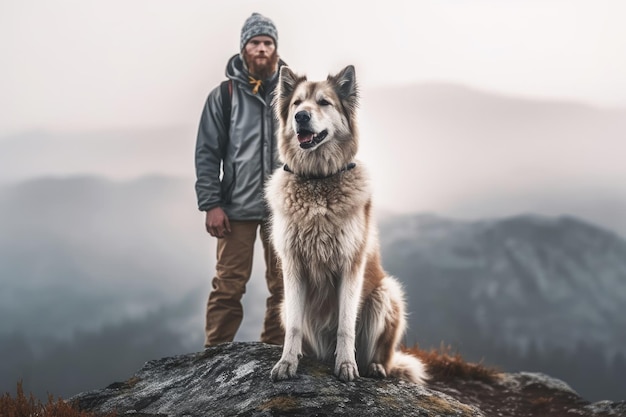Un homme et son chien se tiennent au sommet d'une montagne.