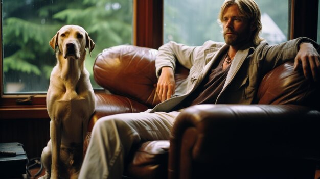 Photo un homme et son chien sont assis sur un canapé et regardent par la fenêtre.