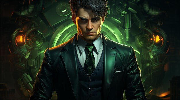 L'homme sorcier en costume noir et vert avec les cheveux courts