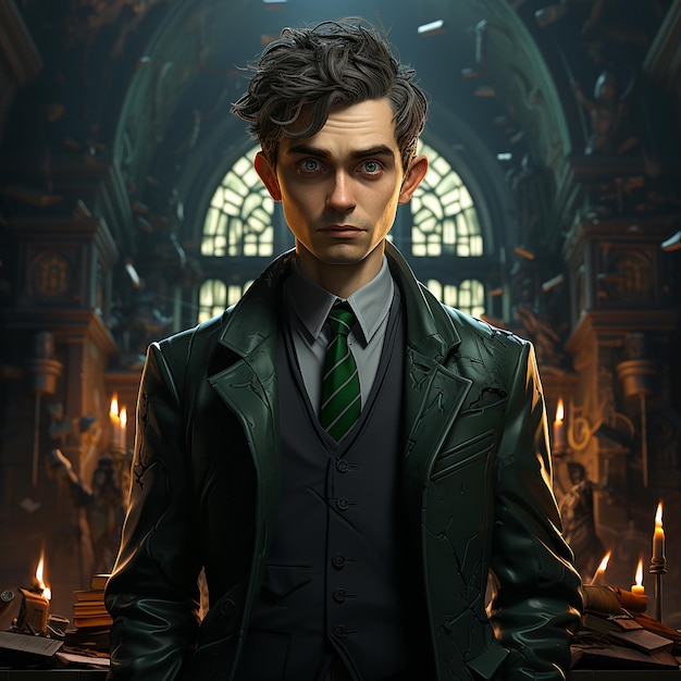 L'homme sorcier en costume noir et vert avec les cheveux courts