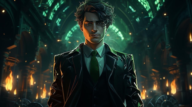 L'homme sorcier en costume noir et vert avec les cheveux courts