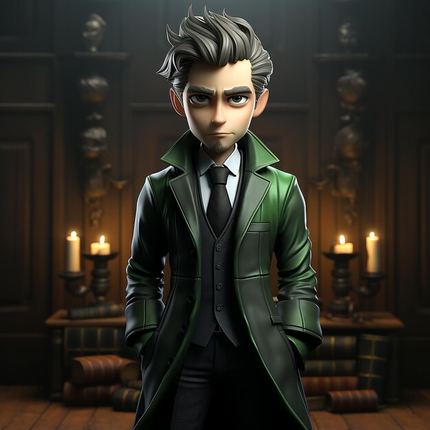 L'homme sorcier en costume noir et vert avec les cheveux courts