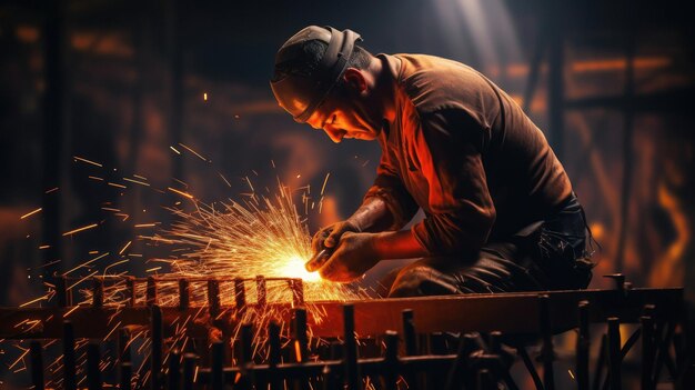 Un homme soudant du métal dans une usine avec des étincelles volant dans l'air.