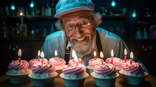 L'homme souffle les bougies sur les cupcakes