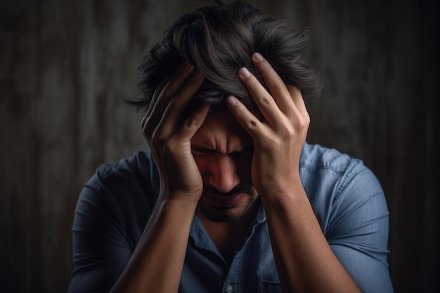 Photo homme souffrant de maux de tête personne masculine avec une expression faciale douloureuse souffrant de douleur concept de stress et de dépression