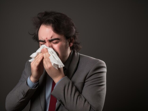 Un homme souffre de froid avec un nez qui coule sur un fond gris