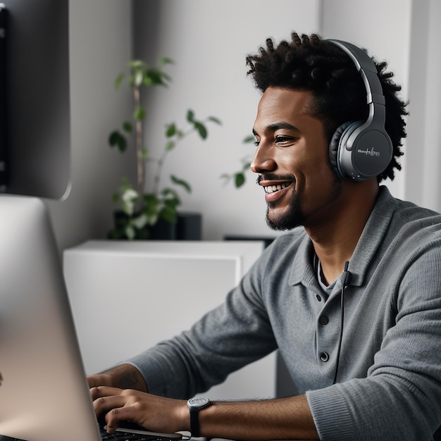 Un homme souriant alors qu'il travaille sur son ordinateur portable