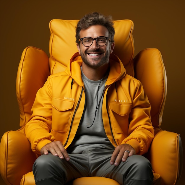 Homme souriant assis sur une chaise jaune avec une veste jaune