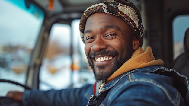 Un homme souriant assis dans la cabine d'un camion de marchandises