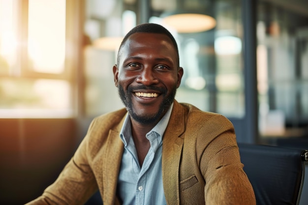 Un homme souriant assis à table