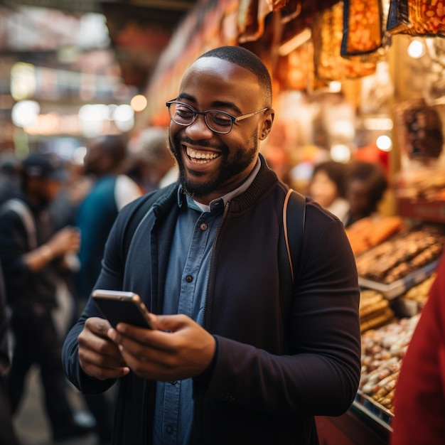 Un homme souriant au marché