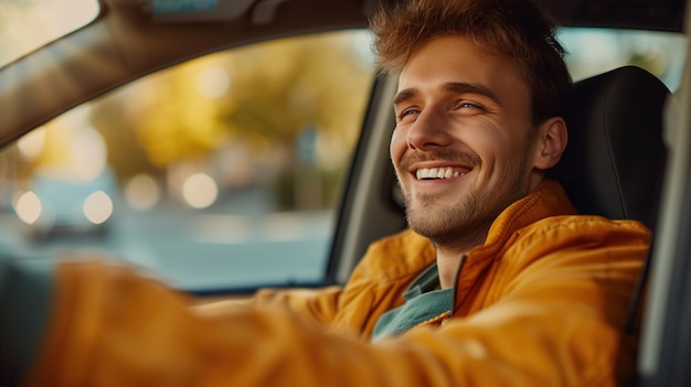 Un homme souriant au volant d'une voiture