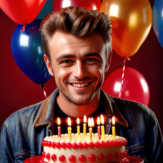 Photo un homme souriant célèbre une fête d'anniversaire avec du gâteau et des ballons.