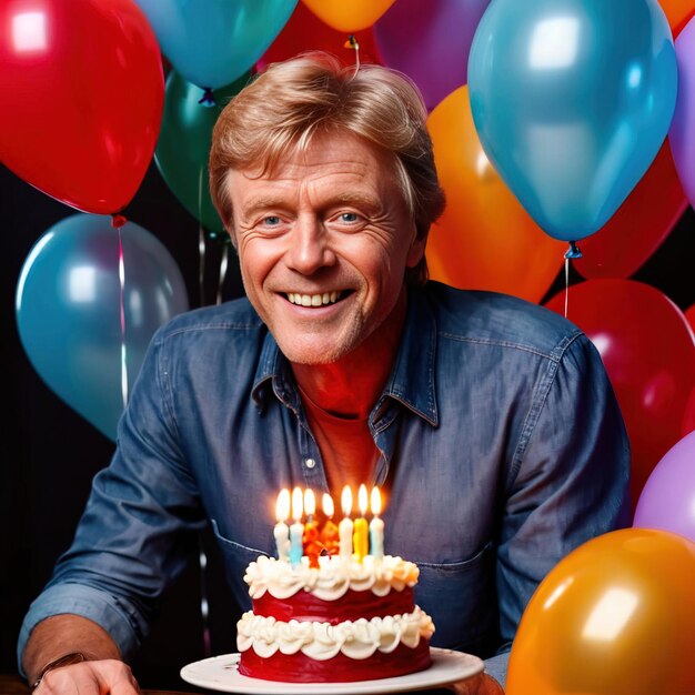 Photo un homme souriant célèbre une fête d'anniversaire avec du gâteau et des ballons.