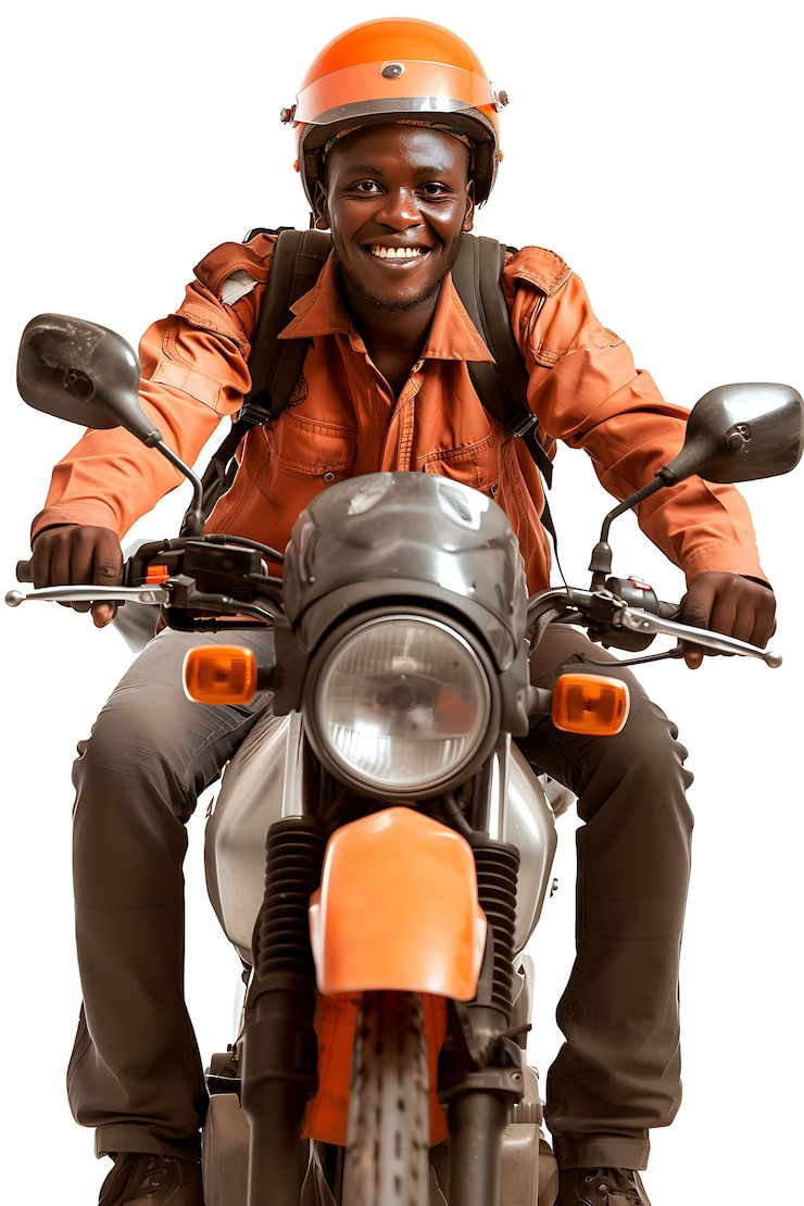 un homme souriant en chemise orange et un casque assis sur une moto