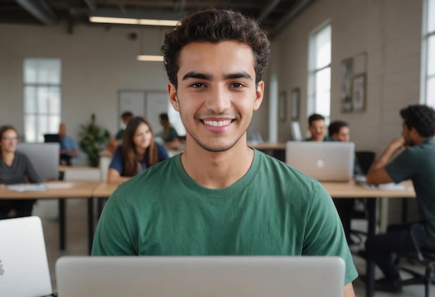 Un homme souriant en chemise verte travaille sur un ordinateur portable dans un bureau bondé