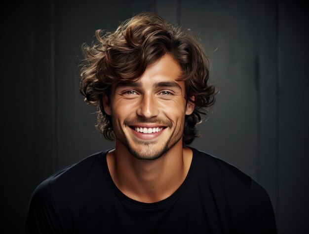 un homme souriant avec des cheveux bouclés