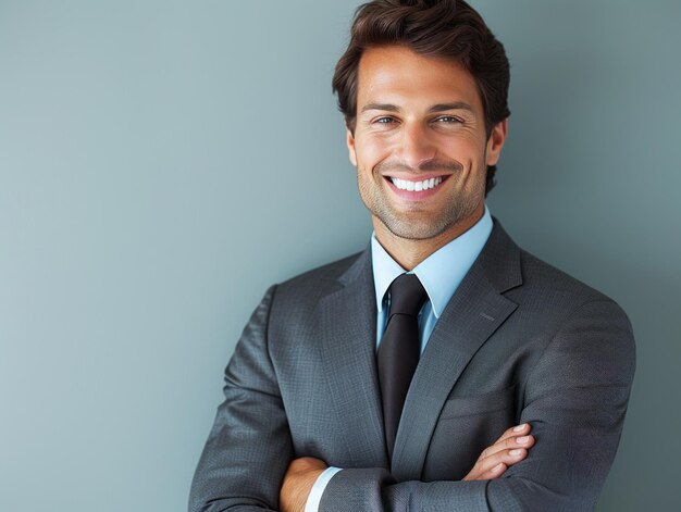 Un homme souriant en costume et cravate