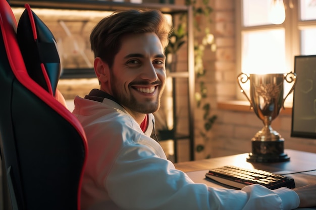Photo un homme souriant dans une chaise de jeu avec un trophée sur le bureau.