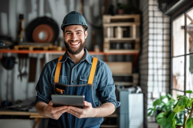 un homme souriant dans un chapeau dur tenant une tablette