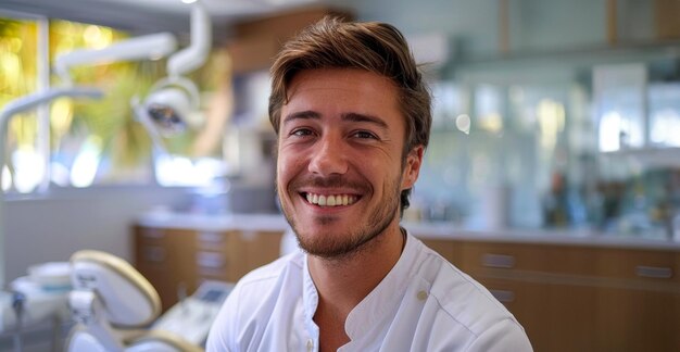 Photo un homme souriant dans une chemise blanche est assis dans une chaise de dentiste