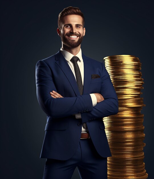 Photo un homme souriant dans un costume bleu et une cravate posant avec des piles de pièces d'or ia générative