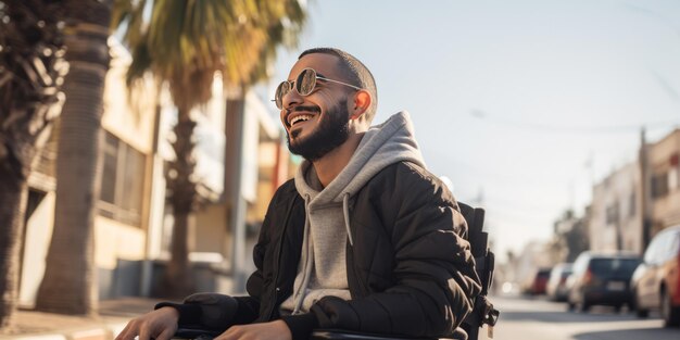 Un homme souriant dans un fauteuil roulant en plein air