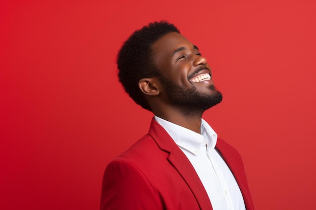 un homme souriant dans un fond rouge avec un fond rouge