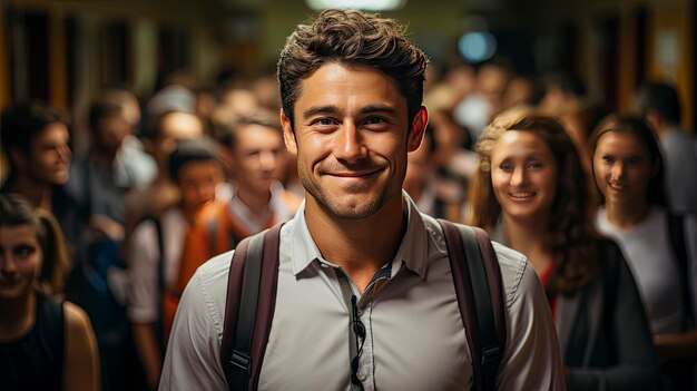 Un homme souriant dans la foule émanant de la confiance au milieu de l'agitation