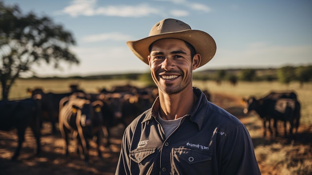 Un homme souriant dépeint une ferme rurale satisfaite avec du bétail et de l'assurance