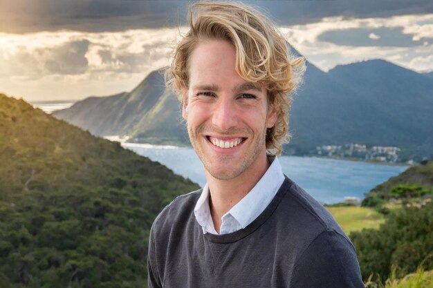 un homme souriant devant une montagne avec une montagne en arrière-plan