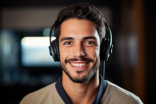 Homme souriant avec des écouteurs en studio