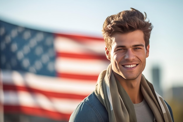 Homme souriant avec fond de drapeau américain