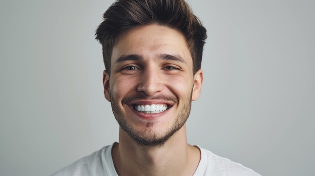 Un homme souriant sur un fond gris blanchissant ses dents