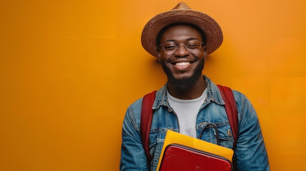 Un homme souriant sur un fond jaune avec des billets de passeport et un sac Generative Ai