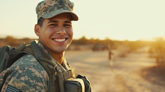 Homme souriant des forces armées avec un sac à dos