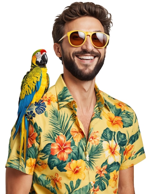 Homme souriant heureux portant une tenue tropicale avec un perroquet sur l'épaule prêt pour les vacances d'été