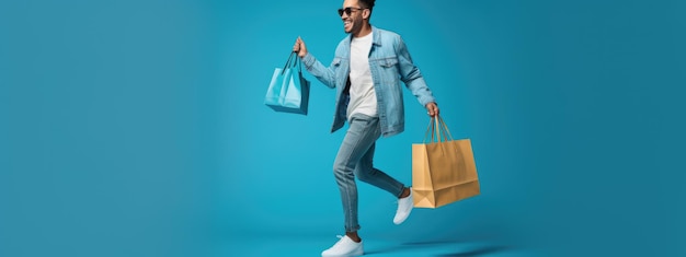 Un homme souriant et heureux tenant des sacs d'achat sur un fond bleu